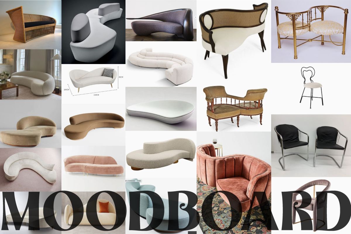Collection of images of curved, organic-shaped couches and chairs creating a moodboard.