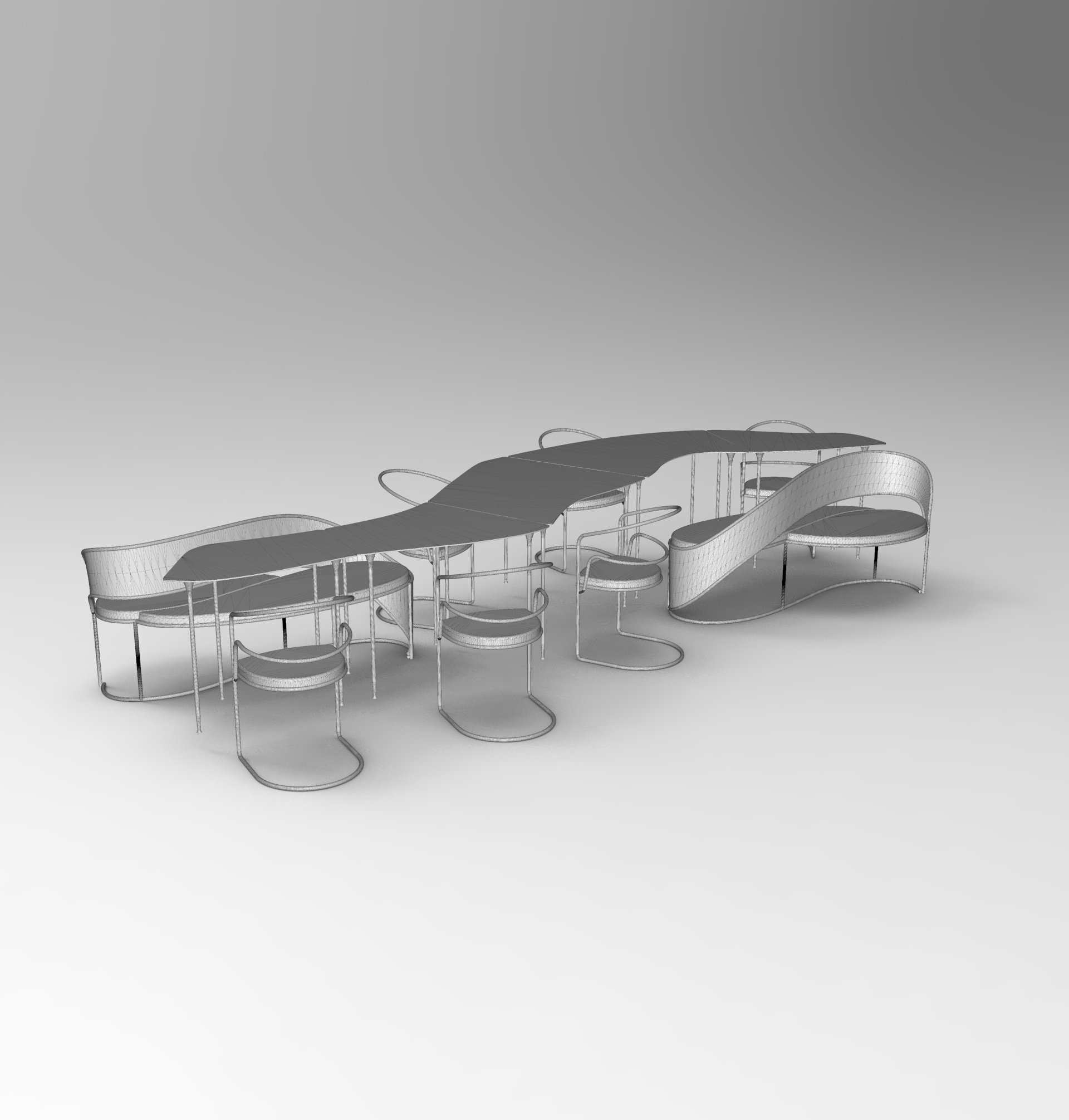 3D Rendering of Full Set: Table, Benches and Chairs. Grayscale.