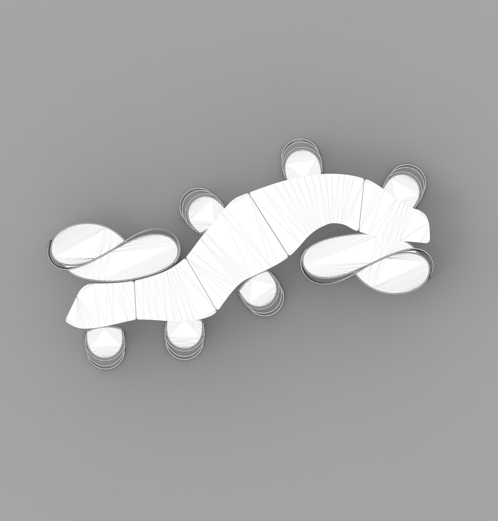 3D Rendering of Full Set: Table, Benches and Chairs. Grayscale.