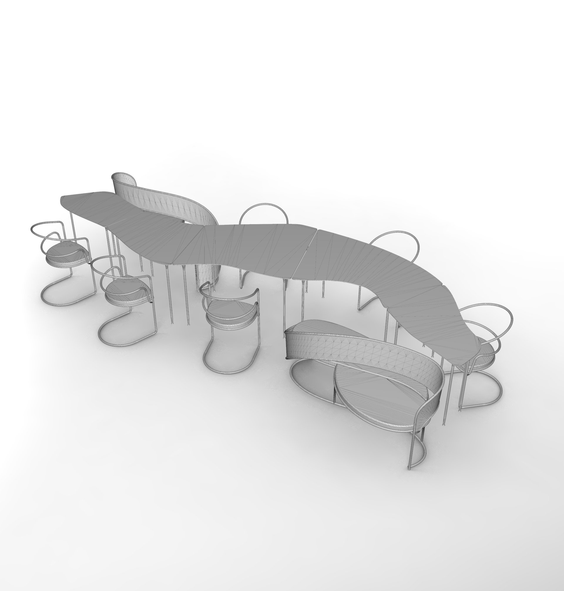 3D Rendering of Full Set: Table, Benches and Chairs. Grayscale.